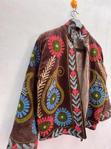 Luxury Brown <b>Velvet</b> Embroidered Suzani <b>Jacket</b> With Paisley Pattern Full Sleeve Stand Collar Handmade Boho Winter Outerwear - Product Image 4