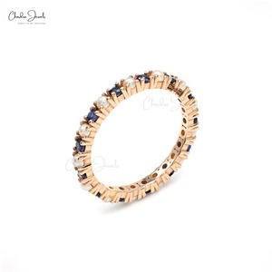 แหวนเพชรพลอยไพลินสีน้ำเงินธรรมชาติ 1.4 กะรัต พร้อมไข่มุกแบบ Eternity Band ตัวเรือนทองคำกุหลาบ 14k แหวนแต่งงานแบบซ้อนได้ ขนาด US -7 ราคาสุดคุ้ม - Product Image 3