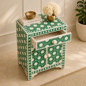 Bone Inlay Nightstand <b>Side</b> <b>Table</b> Accent Cabinet Green White Pattern Drawer <b>Storage</b> for Living Room Bedroom - Product Image 4