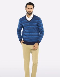Pull en tricot rayé bleu pour homme, col en V, manches longues, 100% acrylique, style automne - Product Image 2