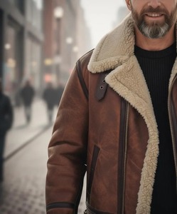 <b>Mens</b> Brown Genuine Leather <b>Shearling</b> Aviator B3 Bomber <b>Jacket</b> Warm Winter Coat - Product Image 4