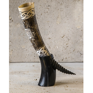 Corne à boire artisanale en cuir naturel, style Viking, tendance, avec support, importée d'Inde - Product Image 3