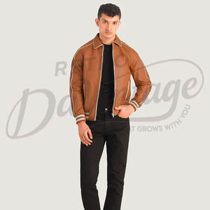 Chaqueta Bomber de Cuero Genuino Marrón para Hombre con Ribete Blanco, Cuello Camisero Clásico y Puños Acanalados a Rayas - Product Image 6