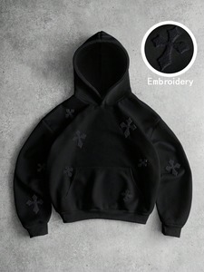 Sweat à capuche noir surdimensionné pour homme avec motif croix brodé en coton French Terry, vêtement décontracté pour l'automne - Product Image 1