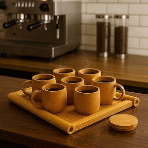 Juego de Tazas con Bandeja de Bambú Estilo Bohemio Ecológico |   Juego de Servir Café y Té Sostenible para Fiestas y Regalos |   Uso en Cafeterías y Hoteles - Product Image 4