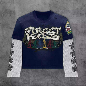 Nouveauté T-shirt à manches longues pour homme, style streetwear noir, effet superposé, imprimé graphique, col rond - Product Image 6