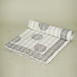 Handmade Bohemian Indian Kantha Quilt Block Print Fluffy Cotton <b>Bedspread</b> Reversible All-Season Bed Cover for Home & Hotel - Product Image 3