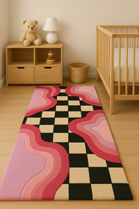 Tapis de luxe de qualité supérieure, noir, blanc, rose, motif échiquier, forme carrée, bordure ondulée, pour la décoration de bureau - Product Image 3