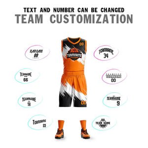 Ensemble de maillots de basket-ball sublimés personnalisés, orange, noir, blanc, col en V, sans manches, séchage rapide, uniforme d'équipe unisexe pour adultes avec logo - Product Image 3