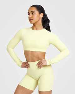 Women's Adults Light <b>Yellow</b> Seamless <b>Crop</b> <b>Top</b> Breathable Eco-Friendly Four-Way Stretch Spandex/Polyester Activewear for All - Product Image 4