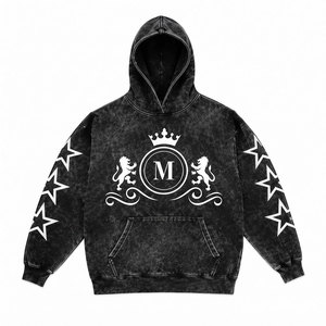 Black Acid Wash Hooded Tracksuit Set With <b>White</b> Stars And 350 gsm Full Length Drawstring <b>Pants</b> 100% Cotton Streetwear - Product Image 4