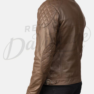 Veste en cuir véritable marron classique pour homme, style motard, coupe ajustée, épaules matelassées, col montant élégant, manteau d'hiver décontracté - Product Image 6