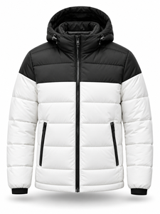 Men's Black White Color Blocking Hooded Puffer <b>Jacket</b> Winter Windproof Waterproof Quick Dry <b>Casual</b> Zipper Front Thick Polyester - Product Image 1