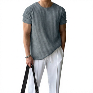 T-shirt en tricot à manches courtes pour homme, col rond, coupe classique, couleur unie, respirant, vêtement décontracté, haut en coton blanc - Product Image 3