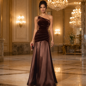 Abito da sera di lusso <span class=keywords><strong>bordeaux</strong></span> da donna, monospalla, con corpetto in <span class=keywords><strong>velluto</strong></span>, vita arricciata, in raso, modello a sirena con strascico, per feste formali, all'ingrosso - Product Image 4