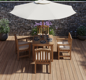 Juego de Mesa de Comedor Cuadrada de Madera de Teca Sólida para Exteriores, 4 Plazas, con Sillas con Brazos y Orificio para Sombrilla, Acabado Natural, Muebles de Jardín y Patio - Product Image 1