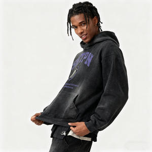 Sweat à capuche streetwear de qualité supérieure, gris, effet délavé vintage, coupe ample, personnalisé pour homme, 100% coton - Product Image 4