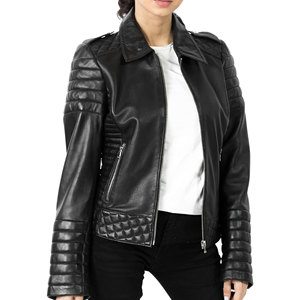 Real Leather Cow Skin Zipper Black Women <b>Biker</b> <b>Jacket</b> with Polyester Lining Cotton Filled Windproof Pockets Designer women - Product Image 5