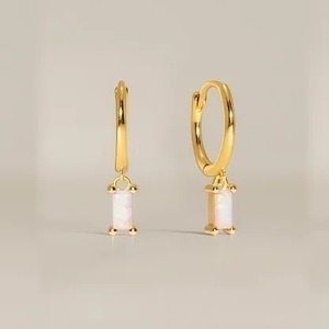 Opalite Baguette Shape Gemstone Dangle <b>Hoop</b> <b>Earrings</b> - Prong Set 925 Sterling <b>Silver</b> Faceted Stone Birthstone Women Jewelry - Product Image 1