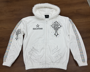 <b>Women's</b> <b>White</b> Hooded <b>Sweatshirt</b> With Cross Print Sequined Sleeves Casual Winter Jacket - Product Image 6