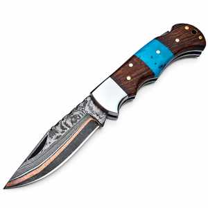Cuchillo de Caza de Acero Damasco y Cobre Hecho a Mano de Alta Calidad, Hoja de 7 Pulgadas con Punta Caída y Mango de Madera, para Transporte EDC - Product Image 2