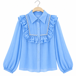 Blusa de Oficina de Manga Larga para Mujer al por Mayor con Ribete de Perlas, Volantes en el Pecho, Cuello de Pico y Botones Delanteros - Camisa Elegante para el Trabajo - Fabricante - Product Image 1