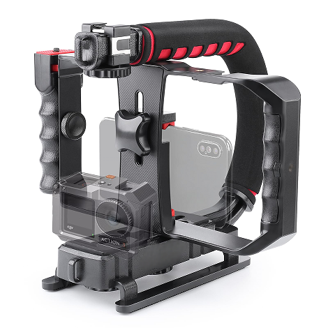 Camera Handheld Stabilizer with Smartphone Video Cage Rig Triple Cold-Shoe Handle Grip Compatible with Camera Action Camera DSLR