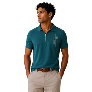 Polo de Hombre Verde Turquesa con Cierre, Diseño de Logotipo Personalizado, Manga Corta, Mezcla de Algodón Premium, Polo de Golf Casual de Lujo, OEM, Moda - Product Image 1