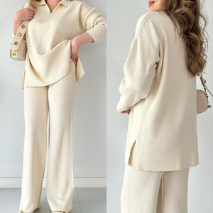 Wholesale Winter Women's Polo Sweater Suit Solid V Neck <strong>Knit</strong> Sweater Wide Leg <strong>Pants</strong> Split Sweaters Set Women Clothing - Product Image 1