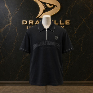 <b>Men</b>’s Charcoal Black Zip Polo Shirt, Y2K Streetwear Cotton Pique Tee, <b>Studded</b> Collar, Cropped Boxy Fit - Product Image 1
