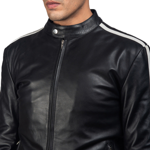 Veste de moto pour homme SAAR INDUSTRIES en cuir véritable noir imperméable et coupe-vent, avec bande blanche, coupe ajustée, style streetwear - Product Image 3