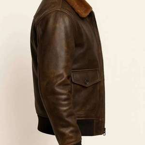 Blouson aviateur en cuir véritable marron pour homme, col en fourrure sherpa, fermeture éclair, manteau d'hiver vintage - Product Image 5