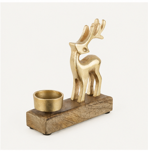 Handmade Gold Aluminum Reindeer <b>Tealight</b> Candle <b>Holder</b> With Natural Mango Wood Base For Christmas Home Decoration Candle <b>Holder</b> - Product Image 1