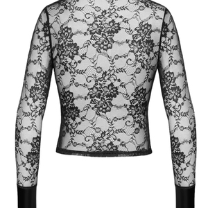 Body de encaje negro transparente para mujer, top corto de manga larga con puños y cuello de cuero PU, lencería sexy - Product Image 6
