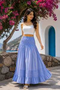 Robe longue d'été pour femme, rayée bleue, taille naturelle élastiquée, smockée, à volants étagés, style décontracté vintage, respirante, écologique, 100% - Product Image 2