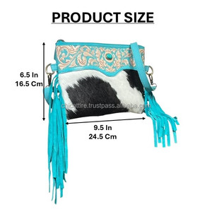 Nouveau sac à bandoulière en cuir de vachette véritable, style western, avec franges, motif floral gravé à la main, accent turquoise, pour femme - Product Image 2