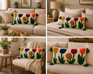 Handmade Cotton Tufted Embroidered Lumbar <b>Pillow</b> Floral Tulip Boho <b>Decorative</b> Cushion Tassels Eco-Friendly Removable Washable - Product Image 3
