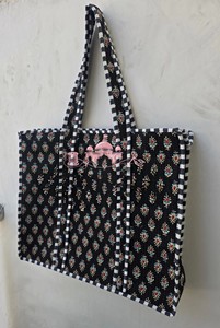 Bolso Tote de Algodón Acolchado con Estampado Jaipuri Hecho a Mano, Asas a Rayas, Cremallera Floral, Estilo Étnico Bohemio Festivo para Mujer - Product Image 5