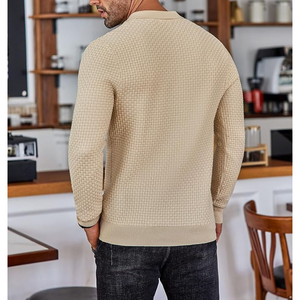 Men's Knitted Long Sleeve Polo Sweater Solid Color Autumn Casual Pullover Full Sleeve Button Closure <b>Beige</b> - Product Image 3