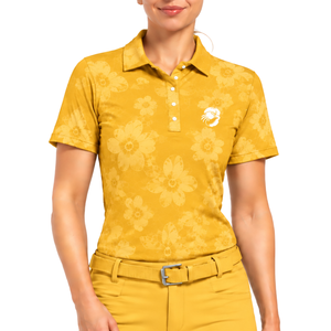 Golden Yellow Women's Short Sleeve Floral Printed Polo Shirt Breathable Knitted Performance <b>Golf</b> <b>Top</b> Casual Style - Product Image 1