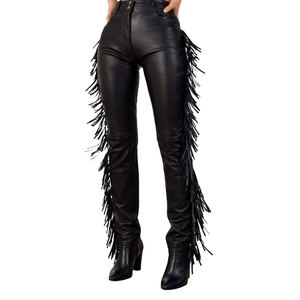 Pantalon d'hiver en cuir PU peint à franges pour femme, taille haute, style western, motard, cowgirl - Product Image 1