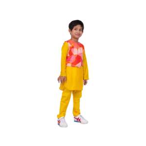 Boys XL Full Sleeves Cotton Kurta-<b>Pyjama</b>-Jacket Yellow & Coral All-Over Printed - Product Image 4