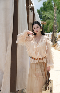 Coshe Rolly Top Breathable Elegant Daily Use Feminine <b>Dress</b> Long Sleeve Sheer Blouse Romantic Style Ruffle Chiffon Layer Sweet - Product Image 4