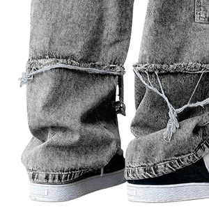 Mens Mid Loose Fit <b>Grey</b> Denim <b>Jeans</b> Distressed Raw Edge Detail Casual Streetwear Quick Dry Breathable Washed Cotton Wide Leg - Product Image 5