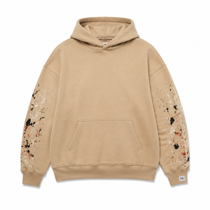เสื้อฮู้ดดี้โอเวอร์ไซส์สีเบจทรายแบบสั่งทำพิเศษสำหรับ OEM พิมพ์ลายศิลปะนามธรรมด้านหลัง แขนเสื้อแบบสาดสี สไตล์สตรีทแวร์ทรงบ็อกซี่ - Product Image 1