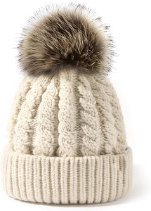 Bonnet unisexe en tricot côtelé de couleur unie, 100 % acrylique, ajustable, pour l'hiver, décontracté, pour le cyclisme, avec pompon en fourrure et revers, pour adultes - Product Image 5