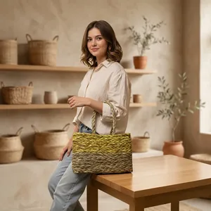 Handwoven <b>Rectangular</b> Grass <b>Basket</b> with Festive Trim and Handle (Yellow) Eco-Friendly Stylish <b>Storage</b> From Orissa - Product Image 1
