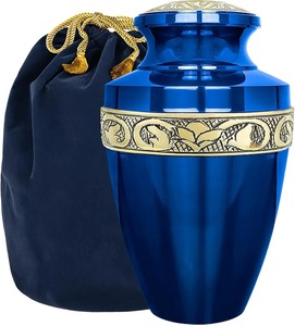 Urne funéraire en métal bleu pour cendres humaines adultes avec bande décorative dorée, grande urne élégante de style européen et sac en velours offert - Product Image 6