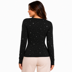 Sudadera para mujer con ribete de encaje, cuello en V, manga larga, ajuste ceñido, elástica, camisa de moda, compra al por mayor B2B - Product Image 4