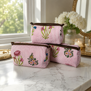 Elegant Pink Floral 3 Piece Cosmetic Pouch Set Quilted Cotton Makeup <b>Bags</b> for Women Travel <b>Vanity</b> Toiletry Organizer Gift Set - Product Image 1